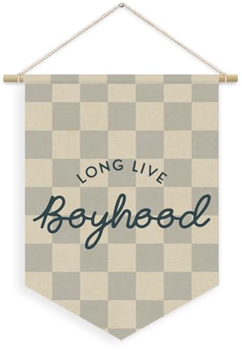 Boys Room Decor, Long Live Boyhood Boy Nursery Linen Canvas Banner, Grey Checkered Wall Hanging Pennant Flag Banner for Boys Nursery Kids Toddler Room Bedroom Playroom Decor, 15x11in - color: boyhood- camel blue checkered