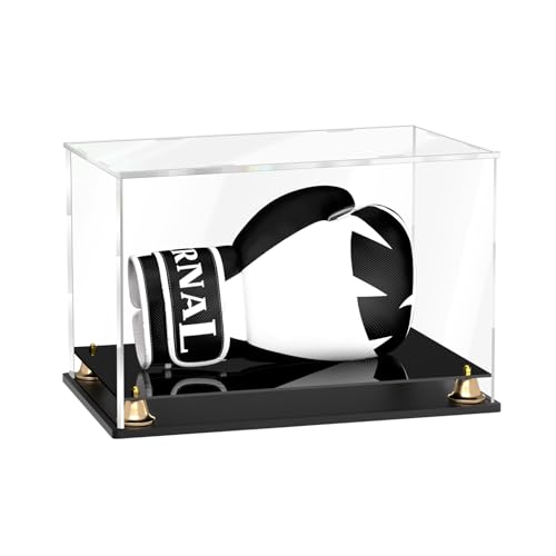 Boxing Glove Display Case, Clear Acrylic Display Box, Self-Assembly Full Size Baseball Glove Holder Showcase, Football Mitt Ball Display Case with Metal Bell Base (14.4x9.3x9.4 inch) - size: 14.4 x 9.3 x 9.4 inch
