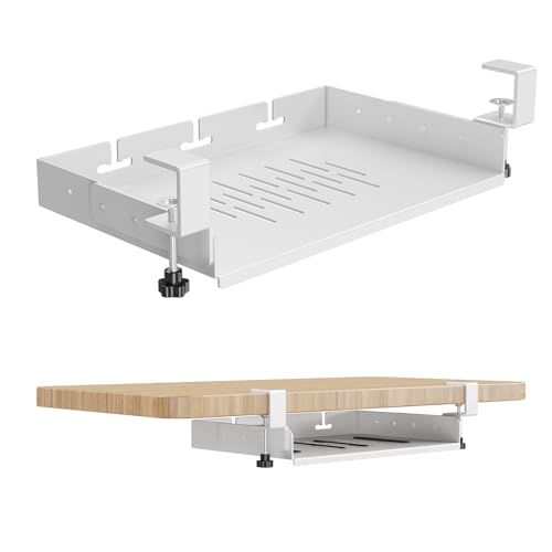 BYMECOST No Drill Under Desk Storage Shelf, Metal Under Desk Drawer Organizer with Clamp, Mount Under Desk Shelf Adds Tray, Desk Drawer for Office Desks, Table, Gaming Desk, Workstations (White) - color: White