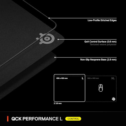 SteelSeries QcK L Performance Control Gaming Mousepad — Extra Density for a Smooth Glide — Low-Profile Edge Stitching — Non-Slip Neoprene Rubber Base — 16.54 x 19.29 inch — FPS, MOBAs, RTS, MMO - size: Large, style: Control