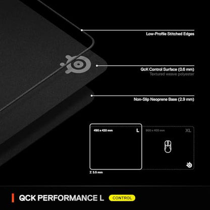 SteelSeries QcK L Performance Control Gaming Mousepad — Extra Density for a Smooth Glide — Low-Profile Edge Stitching — Non-Slip Neoprene Rubber Base — 16.54 x 19.29 inch — FPS, MOBAs, RTS, MMO - size: Large, style: Control