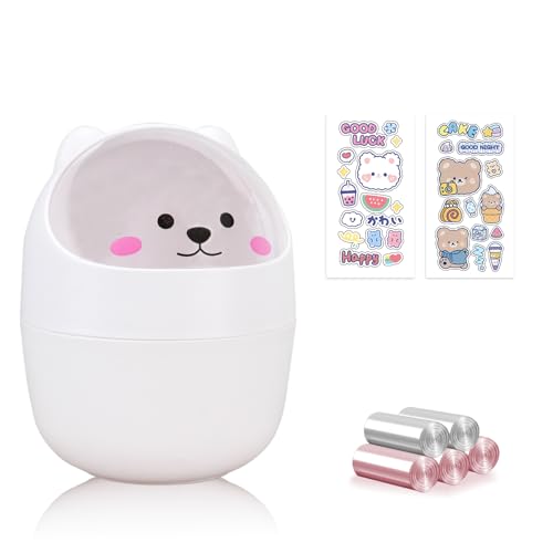 Cute Desktop Tiny Trash Can with Flip Lid, Creative Kawaii Bear Mini Wastebasket, Portable Countertop Dustbin for Office Kitchen Vanity Tabletop Bedroom (White) - color: White