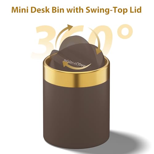 Countertop Trash Can with Lid for Desk Top,0.4 Gallon Stainless Steel Mini Trash Can for Desk、Car、Office、Kitchen,Swing Top Trash Bin with a Roll of Trash Bag(Brown) - color: Browm