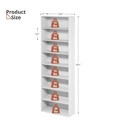 8 Tier DVD Storage Shelf, Wooden DVD Shelf Storage up to 280+ DVD or 1000+ CD, 8 Tier Media Tower for Bedroom, Living Room, 70.9" x 23.6" x 9", White