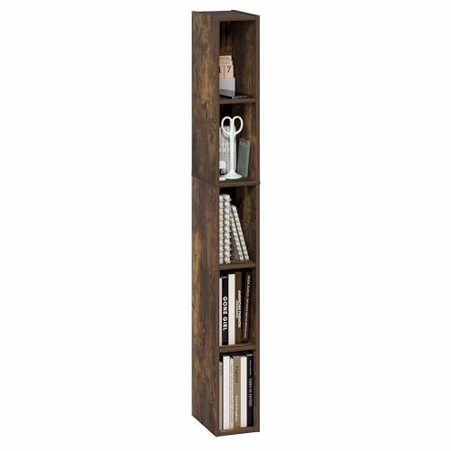 Furinno Fulda Book Shelf, 5-Tier Tall Narrow Bookshelf, Standing Bookcase with 6-in Width Storage Shelf, 9.3 x 5.9 x 51.9, for Organization Storage, for Living Room, Bedroom, Home Office, Amber Pine - color: Amber Pine, size: 5-Tier, 6W