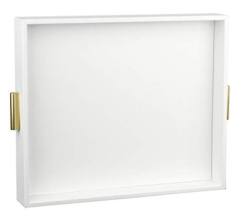 HofferRuffer Extra Large Serving Tray with Handles, Elegant Faux Leather Storage Decorative Tray for Coffee Table, Ottoman, Console Table (White Tray+Golden Handle) - color: White Tray+golden Handle, size: 20" x 16" x 2.2"