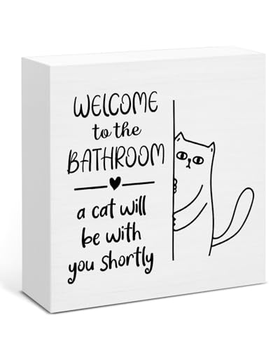 Funny Cat Bathroom Decor, Welcome to the Bathroom Wooden Sign for Toilet Powder Room Restroom, Cat Lover Gifts 5 x 5 Inches - color: Cat