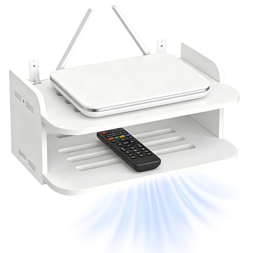 Tissting WiFi Router Floating Shelves White Wall Mount Under TV Shelf 30 x 20 x 15 cm Set Top Box Stand No Punch Game Console Rack for Living Room Bedroom