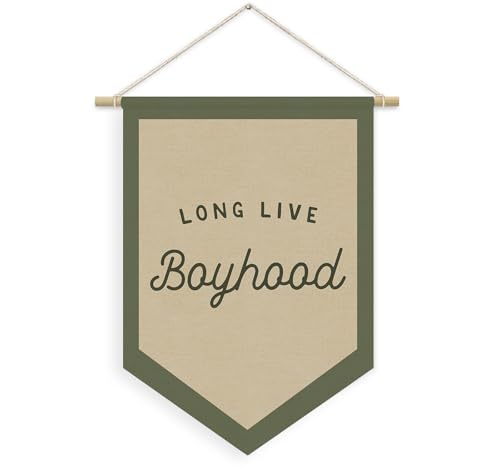 Boys Room Decor, Long Live Boyhood Linen Canvas Banner, Boy Nursery Wall Hanging Pennant Flag Banner for Boys Kids Toddler Room Bedroom Playroom Decor, 15x11in - Green - color: boyhood-Green and Greige