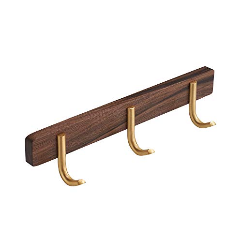 Wall Mounted Coat Rack, Entryway Hanging Coat Rack, Metal Wood Coat Rail with 3 Rustic Hooks Rail for Coat, Scarf, Bag, Towel, Key, Cap, Hat, Walnut Gold Matt - size: 3 Hooks - J Shape