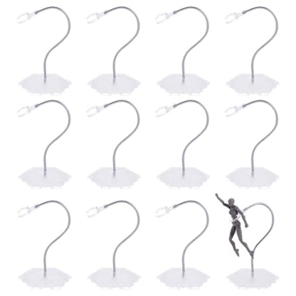 FINGERINSPIRE 12pcs Plastic Action Figure Stands with Hexagon Base Clear Flexible Action Figure Display Holder with Adjustable Snake Bone Metal Support Arm Compatible with HG/RG 1/144 Figures
