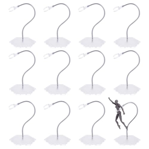 FINGERINSPIRE 12pcs Plastic Action Figure Stands with Hexagon Base Clear Flexible Action Figure Display Holder with Adjustable Snake Bone Metal Support Arm Compatible with HG/RG 1/144 Figures