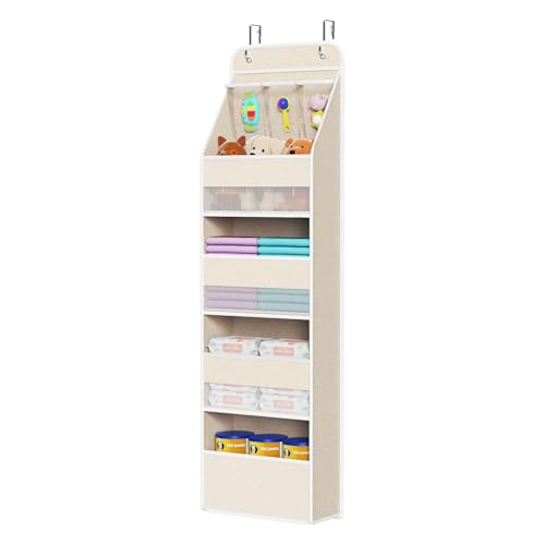 Univivi 5-Shelf Over Door Hanging Organizer Fabric Door Storage with 4 Large Pockets and 3 Small PVC Pockets Wall Mount Hanging Storage Organizers for Baby Nursery (Beige Pattern) - color: Beige Pattern, size: 5 LAYER
