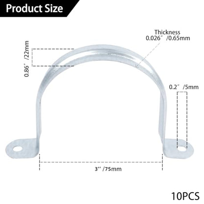 3 Inch Reinforced Rigid Pipe Strap, 2 Holes U Bracket Cable Clamp Hanger, Zinc Coated Tension Tube Clip, Conduits Strap Clamps for Pipe Fixing on Various Surfaces, 10 PCS(75 mm) - size: 3Inch(75mm) 10PCS