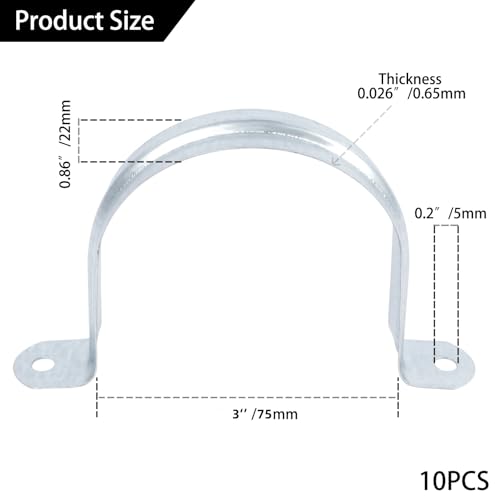 3 Inch Reinforced Rigid Pipe Strap, 2 Holes U Bracket Cable Clamp Hanger, Zinc Coated Tension Tube Clip, Conduits Strap Clamps for Pipe Fixing on Various Surfaces, 10 PCS(75 mm) - size: 3Inch(75mm) 10PCS