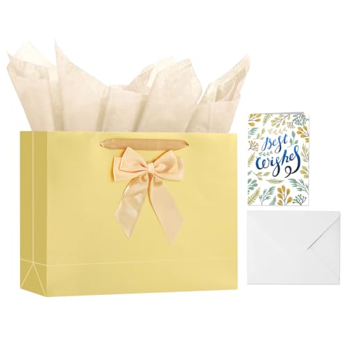 Powbrace Gold Bags with Handles, 13" Medium Gift Bag Set - 1 Gift Bag with Bow, 2 Tissues & Greeting Card for Wedding Baby Shower Fathers Day Mothers Day Birthday Party - color: 1Pcs Gold Glossy Gift Bag, size: 1 count (Pack of 1)