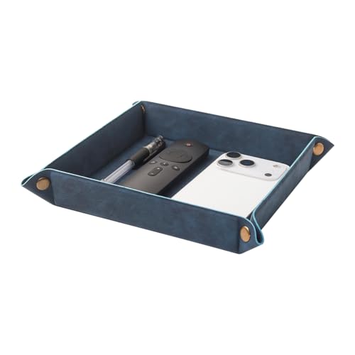 Valet Tray Desktop Storage Organizer – Premium PU Leather Catchall Bedside Vanity Tray Nightstand Caddy Holder for Remote Controller, Keys, Phone, Wallet, Coin, Jewelry,Blue - color: Blue