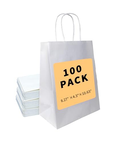 BAG BOX 100 Pack 8.25x4.3x10.6 Inch White Gift Bags with Handles,Bulk Kraft Paper Bags for Shopping, Retail, Merchandise, Wedding, Party Favors, Paper Grocery Sacks - color: White, size: 8.25 * 4.3 * 10.6 inch（Pack of 100）