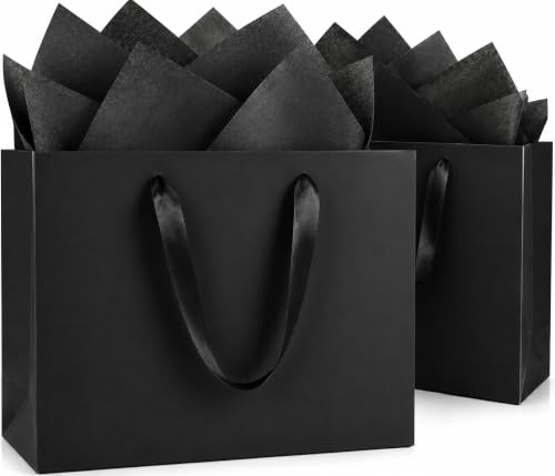 GEGIBOA Extra Large Black Gift Bags 15x6x12 with Handles 2 Pack Paper Gift Bags with Tissue Paper Reusable Large Gift Bags for Fathers Day Birthdays Weddings Christmas Graduation Business Gifts - size: Black-XL-2PCS with paper
