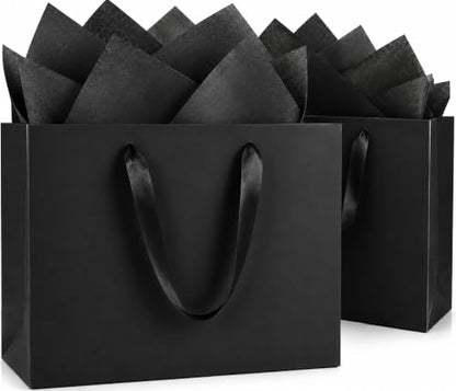 GEGIBOA Extra Large Black Gift Bags 15x6x12 with Handles 2 Pack Paper Gift Bags with Tissue Paper Reusable Large Gift Bags for Fathers Day Birthdays Weddings Christmas Graduation Business Gifts - size: Black-XL-2PCS with paper