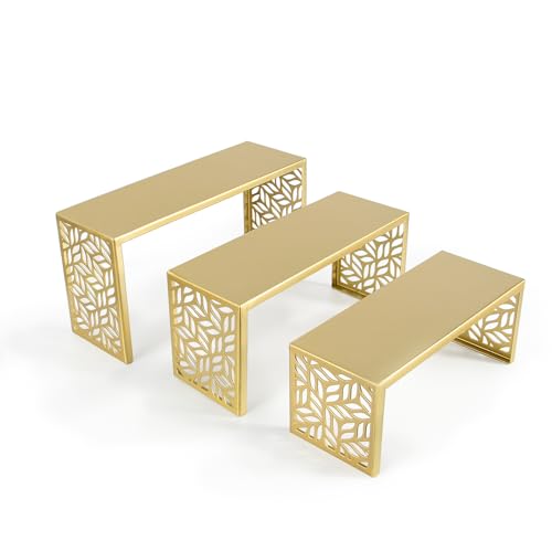 3 Tier Gold Metal Display Risers, Display Stand for Perfume Purse Handbag Shoe Jewelry Cupcake Dessert and Amiibo Funko POP Figure - color: Gold Metal Display Risers