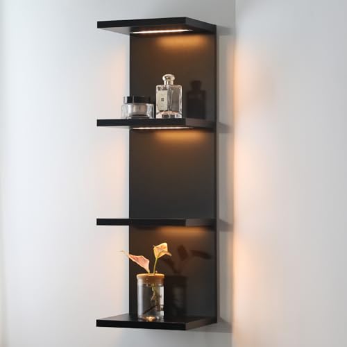 4 Tier LED Wall Shelf - Modern Floating Shelves for Makeup Vanity, Bedroom, Living Room | Easy Install Cosmetic & Display Lack Shelf, Black - color: 4l-black