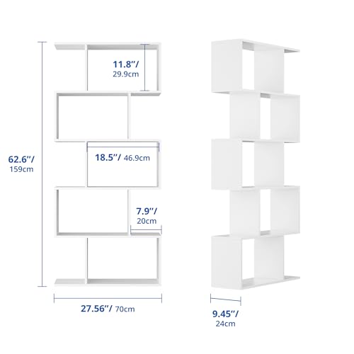 Cozy Castle Set of 2 Geometric Bookcase, S-Shaped Modern Bookshelf, Room Divider Bookshelf, 62" Tall Unique Abstract Bookcase with 5-Tier Display Shelf for Living Room Office, White - color: White