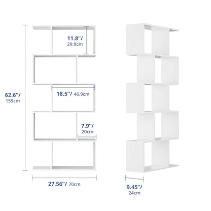 Cozy Castle Set of 2 Geometric Bookcase, S-Shaped Modern Bookshelf, Room Divider Bookshelf, 62" Tall Unique Abstract Bookcase with 5-Tier Display Shelf for Living Room Office, White - color: White
