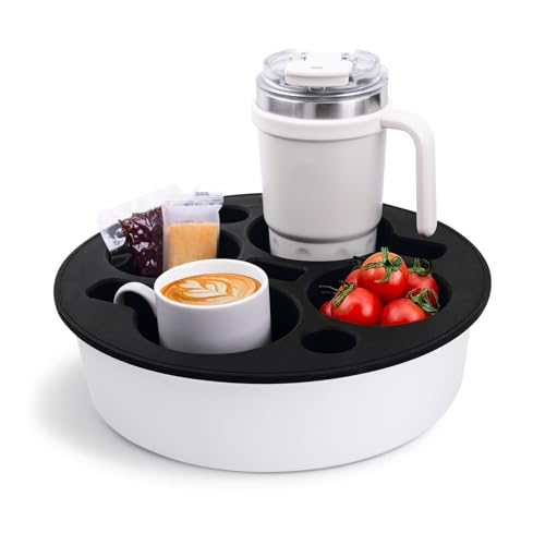 Couch Cup Holder Tray Round, Bonfixe 4-Cups Bedside Drink Holder for Elderly/Pregnancy, Stable Non-Spill Silicone Couch Caddy for Remote Control, Glasses‌, Snacks, Phones‌ (White-Black) - color: White-black