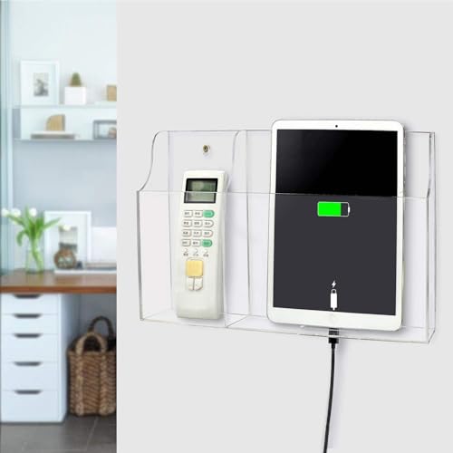Yoillione Wall Mount Tablet and Phone Charging Stand for Tablet, Smartphone, E-Book, 2 Slots Remote Control Holder for TV, Clear Acrylic Remote Storage Media Organizer Box - Product 2.0 Size Upgrade
