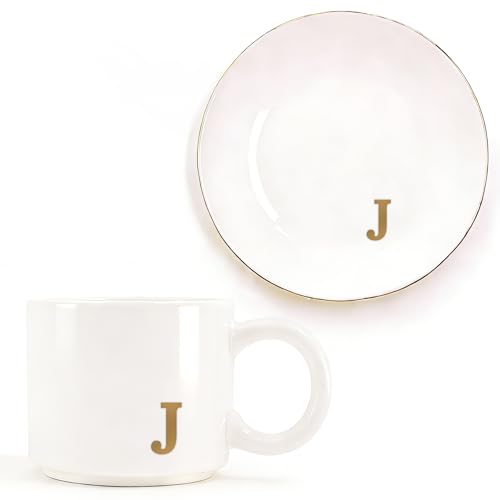 RainVibe Elegant Gift Set for Women – Personalized Monogram Ceramic Mug & Jewelry Tray – 12 oz Gold-Initial Coffee Cup with Gift Box, 4.75" Decorative Dish for Rings, Earrings, Keys (Letter J) - color: Letter J