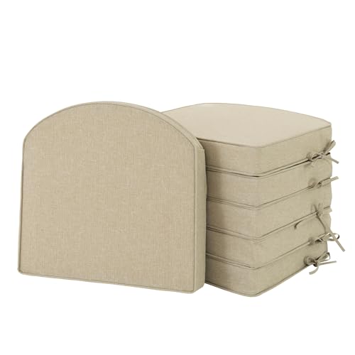 Outdoor Chair Cushions, Fade-Resistant & Water-Resistant, D Shaped Patio Furniture Seat Chair Pads Replacement with Ties, Non-Slip Bottom, Removable Cover, Set of 6, 18.5 x 16 Inch, Natural - color: Natural, size: 18.5" x 16" 6 Pack