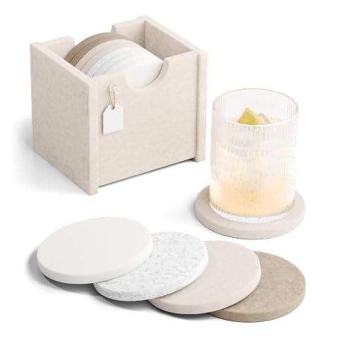Fluxynara Felt Coasters for Drinks, Set of 8 Absorbent Coasters with Holder, Heat-Resistant & Reusable Round Design for Coffee Table & Living Room, 3.94 Inch - color: Stone Beige, size: Round - 8 Count