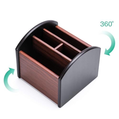 MaxGear Remote Control Holder Caddy, Wooden Desk Organizer, 4 Compartments | 360° Rotating Wooden Caddy; 4 Compartments for Remotes & Desk Supplies; Anti-Slip Base