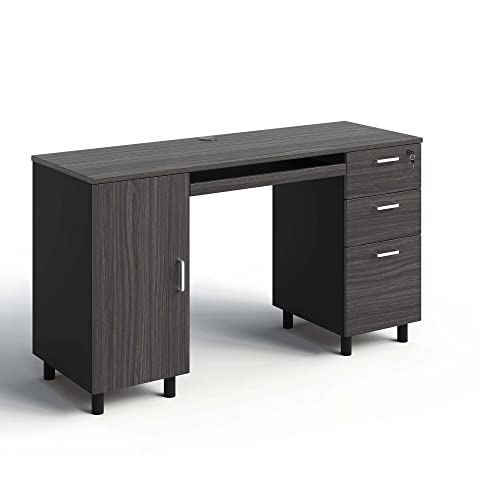 Modern Design Venice Computer Desk with Lockable Drawers, 53 Inch Home Office Desk with Storage Cabinet, Keyboard Tray & Cable Management, Modern Study Writing Desk for Small Spaces, Black and Grey - color: Black Grey