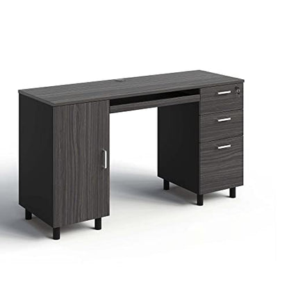 Modern Design Venice Computer Desk with Lockable Drawers, 53 Inch Home Office Desk with Storage Cabinet, Keyboard Tray & Cable Management, Modern Study Writing Desk for Small Spaces, Black and Grey - color: Black Grey