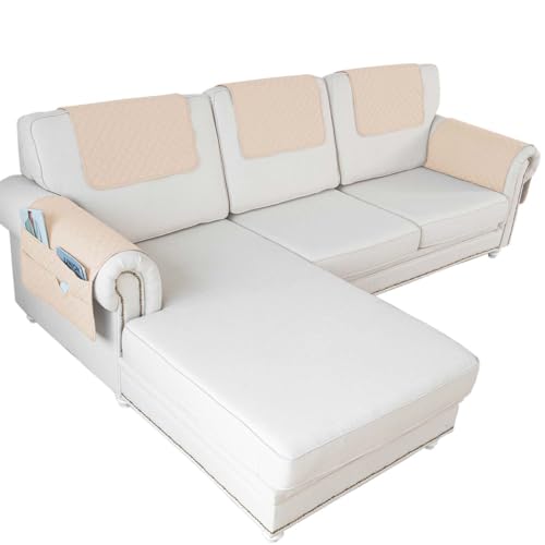 Waterproof Sofa Armrest Cover Headrest Cover with Side Pocket Non-Slip Couch Protector for Armchairs, Chairs, and Sofas (Apricot,Chaise Longue 5PCS) - color: Apricot, size: Chaise longue 5PCS