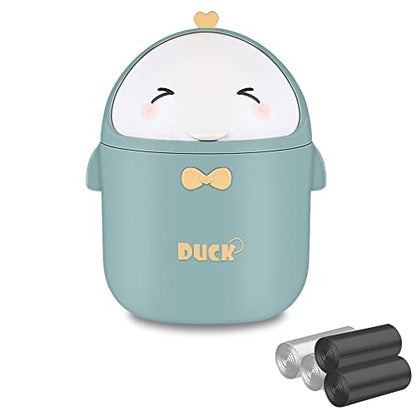 Cute Desktop Trash Can Wastebasket and 120 Trash Bags, Creative Mini Garbage Can with Lid for Countertop Table, Tiny Plastic Storage Bin for Office, Kids Bedroom, 13 * 13 * 18.5cm (Green)