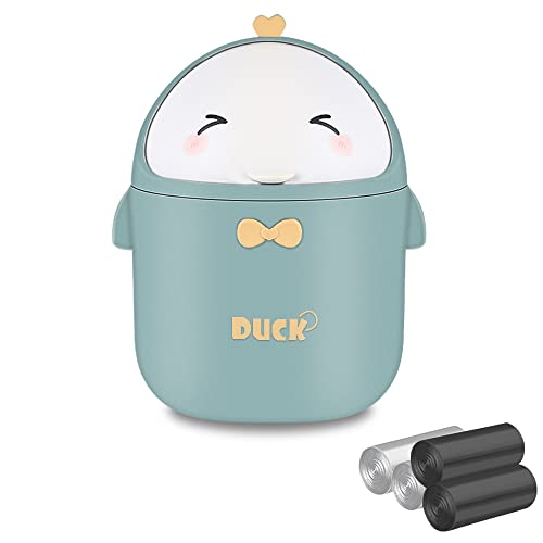 Cute Desktop Trash Can Wastebasket and 120 Trash Bags, Creative Mini Garbage Can with Lid for Countertop Table, Tiny Plastic Storage Bin for Office, Kids Bedroom, 13 * 13 * 18.5cm (Green)