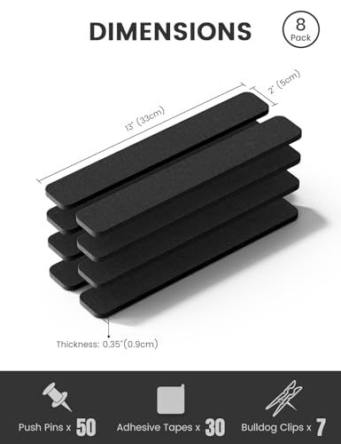 Fluxynara Cork Board Alternative Felt Strip Board 8-Pack 13"x2", Office Pin Board with 50 Push Pins, Adhesive Install for Bedroom Door & Home Office (Black) - color: Black, size: 8-pack