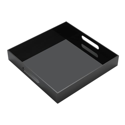 Glossy Black Acrylic Serving Tray with Handles-Butler Trays for Coffee Table, Snacks,Breakfast in Bed, Kitchen Countertop,Vanity,Makeup Organizer,Ottoman (Black, 12x12 Inches) - color: Black, size: 12" x 12" x 2"