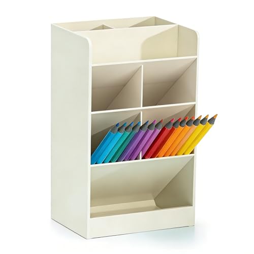 Tissting Desk Organizer, Space-Saving Slanted Design Pen Holder, Pen Holder with 7 Compartments, Pencil and Marker Storage Stand for School Office, Organizer for Office, School Supplies (White) - color: White