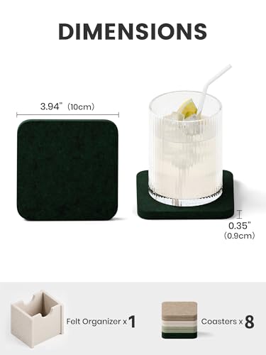 Fluxynara Felt Coasters for Drinks, Set of 8 Absorbent Coasters with Holder, Heat-Resistant & Reusable Square Design for Coffee Table & Living Room, 3.94 Inch, Nordic Moss - color: Nordic Moss, size: Square - 8 Count
