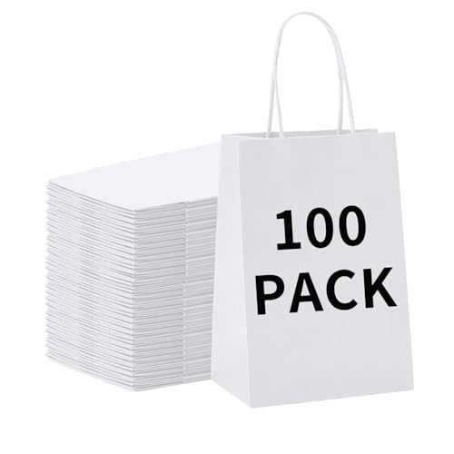 BAG BOX 100 Pack 5.9x3.1x8.25 Inch White Gift Bags with Handles,Bulk Kraft Paper Bags for Shopping, Retail, Merchandise, Wedding, Party Favors, Paper Grocery Sacks - color: White, size: 5.9 * 3.1 * 8.25 inch（Pack of 100）