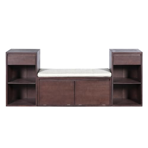 JIJIWANG 77.48" W Entryway Storage Bench with Cushion, 4-in-1 Hallway Bench with Drawers, Compartments and Open Shelves, Mudroom Bench for Shoes and Storage, Espresso - color: Espresso