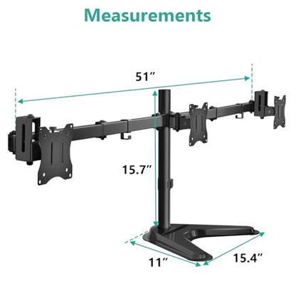 WALI Free Standing Triple Monitor Mount, Heavy Duty Triple Monitors Stand for 13-27 inch Screens, Adjustable 3 Monitor Arm Desk Mount with Swivel, Tilt, Rotation, Grommet Base (MF003N), Black - size: Triple, style: Steel Free Stand
