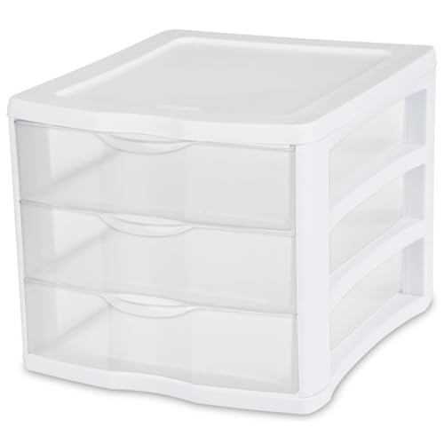 Sterilite 4-Pack 3 Drawer Unit, Stackable Plastic Organizer with Drawers, White Frame - Multi-Purpose Countertop Storage Containers for Office Supplies, Craft Rooms, Classrooms and Home Organization