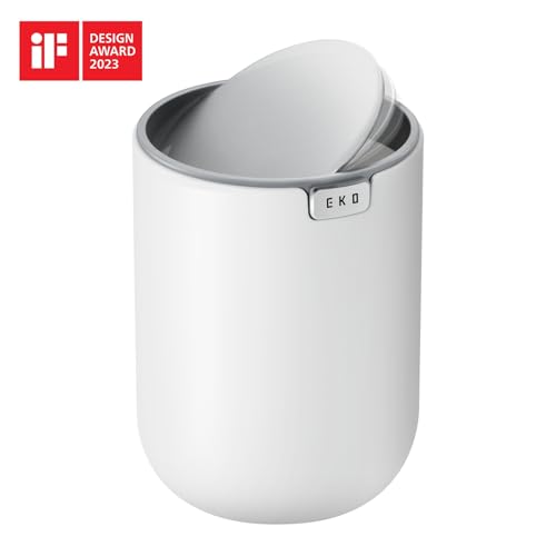 EKO Mini Desk Trash Can with Swing-Top Lid 0.4 Gallon Small Table Round Wastebasket for Office, Home, Car (White) - color: White, size: 1.5 Liters