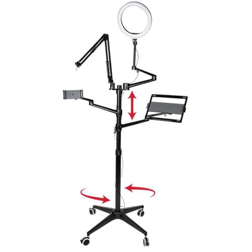 Gator Frameworks 5-in-1 Mobile Content Creator Streaming Stand with Wheeled Tripod Base – Includes Smartphone, Tablet, Laptop Clamps, Ring Light, and More! (GFW-STREAMSTAND-W) - style: Rolling Base