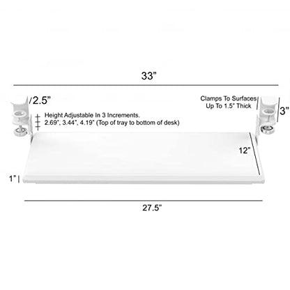 Stand Up Desk Store Large Clamp-On Retractable Adjustable Keyboard Tray | Improve Comfort While Increasing Desk Space - for Desktops Up to 1.5" Thick (33" W x 12.25" D) (White) (Large)